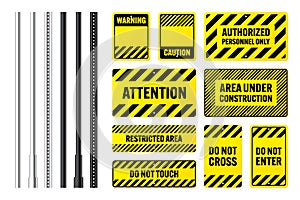 Warning, danger signs, attention banners with metal poles. Yellow caution sign, construction site signage. Notice