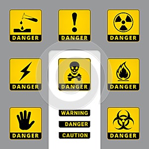 Warning and Danger. Square Icons. Set of Road and Safety Signs. Vector Labels