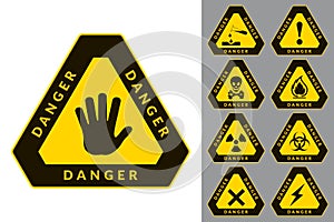 Warning and Danger. Triangular Icons. Set of Road and Safety Signs. Vector Labels