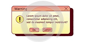 Warning dialog box. Retro PC user interface aestetic.