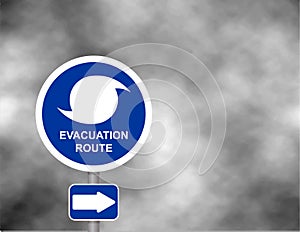 Warning evacuation route road. Hurricane season with symbol sign against a stormy grey sky background. Vector illustration.