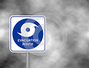 Warning evacuation route road. Hurricane season with symbol sign against a stormy grey sky background. Vector illustration.