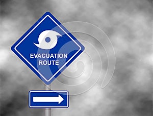 Warning evacuation route road. Hurricane season with symbol sign against a stormy grey sky background. Vector illustration.