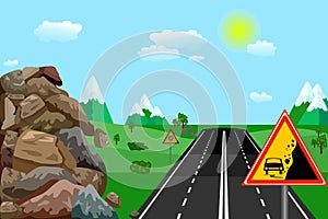 Warning falling rocks sign on road in landscape background.