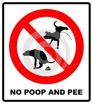 Warning forbidden sign no dog peeing and pooping. Vector illustration isolated on white. Red prohibition symbol for public places. photo