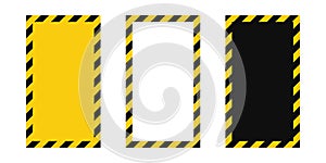 Warning frame with yellow and black diagonal stripes. Rectangle warn frame set. Yellow and black caution tape border