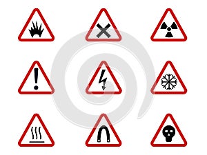 Warning and hazard symbols on triangles vector collection. Safety and caution, risk alert information illustration