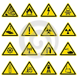 Warning and hazard symbols on yellow triangles vector collection