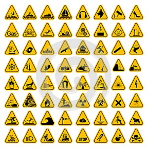 Warning Hazard Triangle Signs Set. Vector illustration. Yellow symbols isolated on white