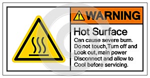 Warning Hot Surface Can cause severe burn Do not touch Turn off and look out,main Power disconnect and allow to Cool before