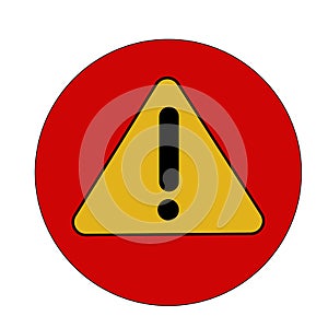 Warning icon This isolated flat symbol is drawn with yellow color on a red background, angles are rounded