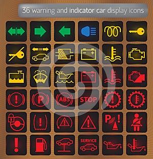 Warning and indicator car display icons set