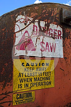 Warning Labels on Log Cutoff Slasher Saw photo