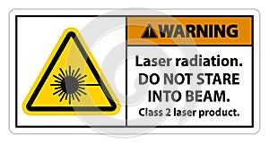 Warning Laser radiation,do not stare into beam,class 2 laser product Sign on white background