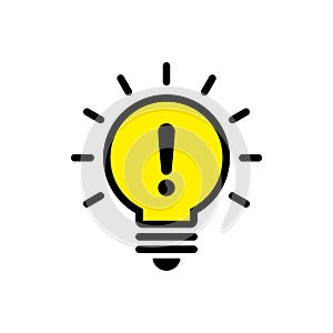 Warning light bulb icon. Exclamation mark on lamp in generic style