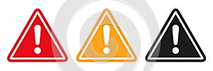 Warning, precaution, attention, alert icon, set exclamation mark in triangle shape photo