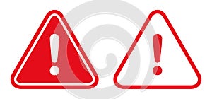 Warning, precaution, attention, alert icon, set red exclamation mark in triangle shape - vector photo
