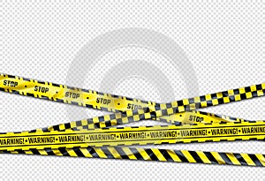 Warning ribbon. Realistic barricade tape. Black and yellow barrier, stop sign. Caution lines with repeated ornament and