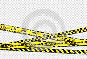 Warning ribbon. Realistic barricade tape. Black and yellow barrier, stop sign. Caution lines with repeated ornament and stripes.