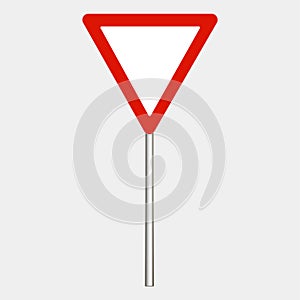 Warning road sign on grey background, red triangle. Make way. Vector Illustration