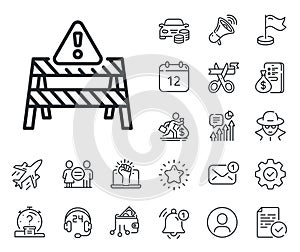 Warning road sign line icon. Attention triangle sign. Salaryman, gender equality and alert bell. Vector