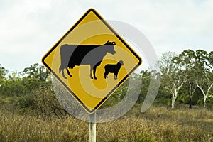 Warning Roadside Sign Of Cows And Sheep Crossing The Road