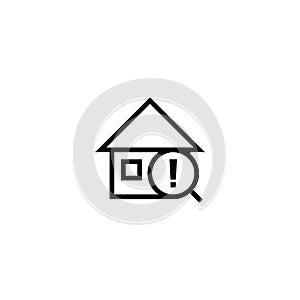 Warning search house icon. home with magnifying glass and exclamation mark symbol. simple clean thin outline style design.