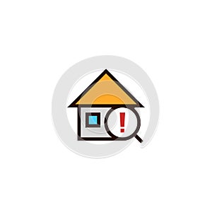 Warning search house icon. home with magnifying glass and exclamation mark symbol. simple clean thin outline style design.