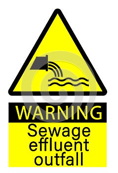 Warning, sewage treatment outfall. Yellow triangle warning sign