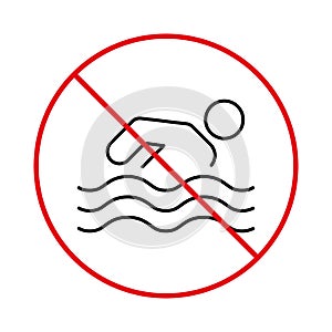 Warning Sign Ban Swim Zone Black Line Icon. Prohibit Swim Zone. Caution Forbid Danger Swim Area Beach Pictogram. No