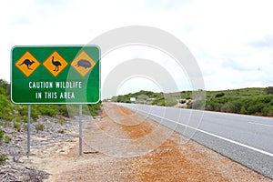 Warning sign for crossing porcupines, emus and kangaroos in Australia