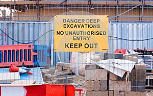 Warning sign for deep excavtion on maintenance site