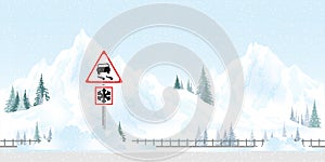 Warning sign driving in winter. Road sign warns of ice and snow at winter