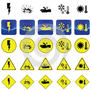 Warning sign for electricity shock, explosive, corrosion, cold, heat vector