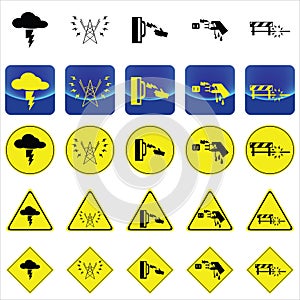Warning sign for electricity shock from thunder, high voltage pole, wet hand vector