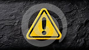 Warning sign with exclamation mark on dark textured background