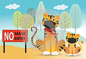 Warning sign without a face mask no entry and keep distance.Tiger wear a face mask at park