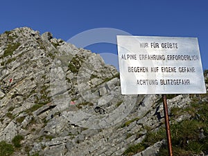Warning at Gartnerwand mountain, Tyrol, Austria