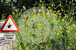 Warning sign for infected ticks in a forest. Risk of tick and Lyme disease.