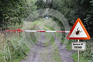 Warning sign for infected ticks in a forest. Risk of tick and Lyme disease.