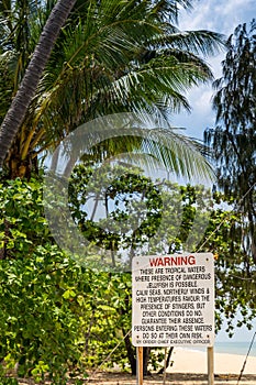Warning Sign with long Text about Jellyfish (Stingers) in Queensland, Australia