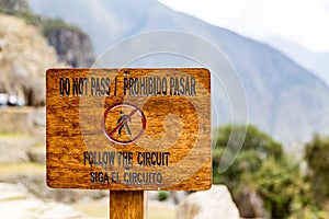 Warning sign at Machu Picchu, Cusco, Peru, South America.