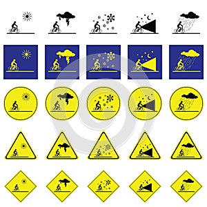 Warning sign of man cycling on the various climatic conditions