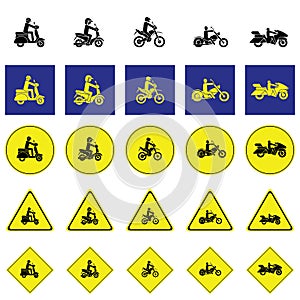 Warning sign of man riding various type of motorbikes