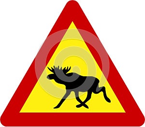 Warning sign with moose on road
