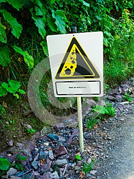 Warning sign in the mountains Risk of rockfall