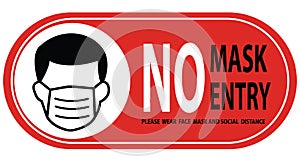 Warning sign No face mask no entry and keep distance. Vector front door plate