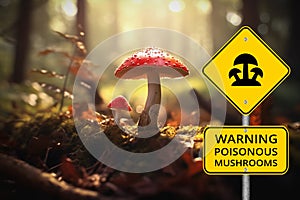 Toadstools in the Forest - Warning sign - Generative AI photo