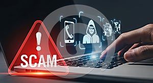 Warning sign for SCAM with icons of fraud and online threats