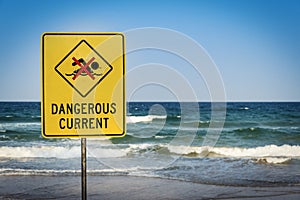 Warning sign for swimmers to beware dangerous currents